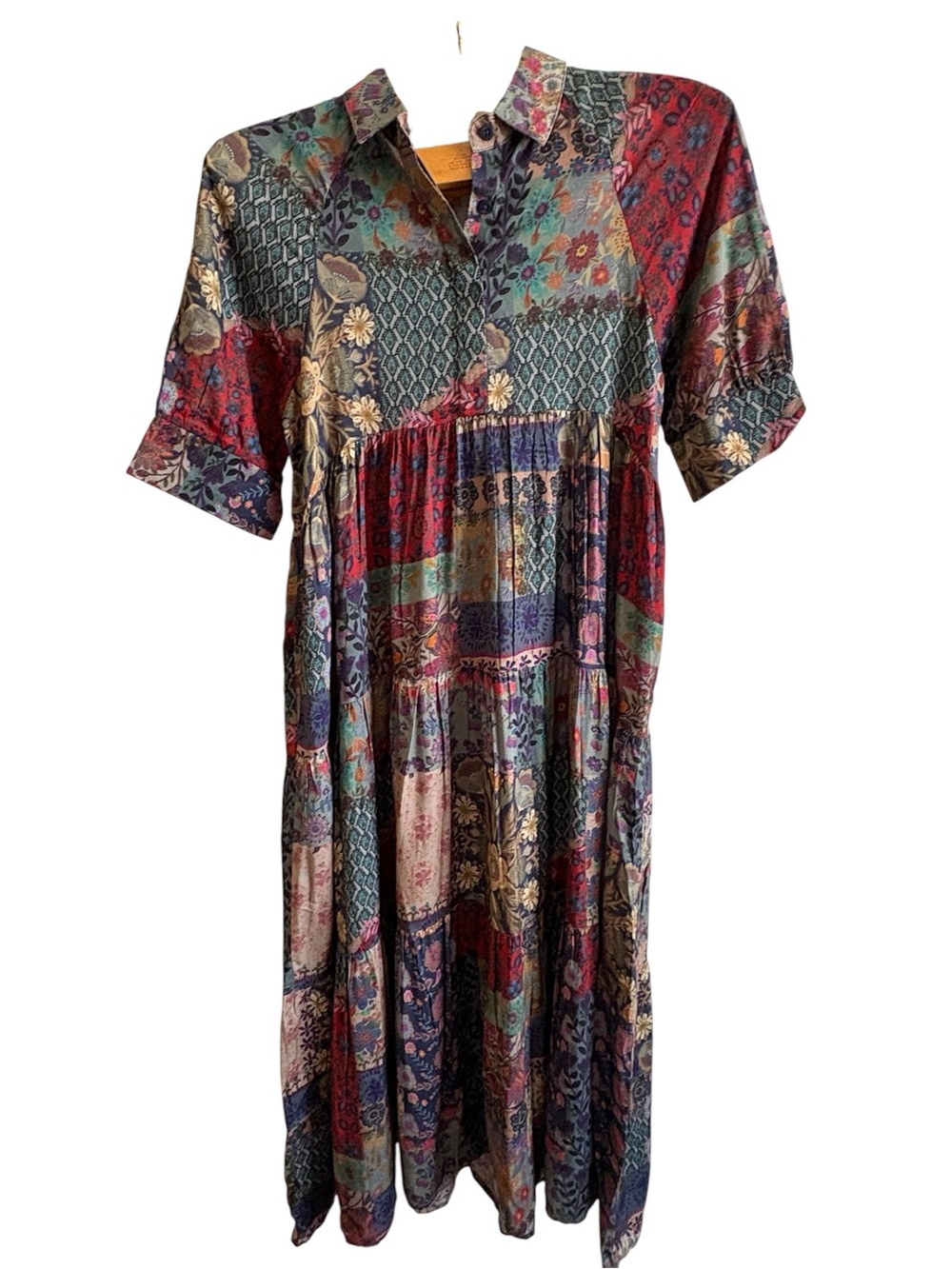 NATURAL LIFE Patchwork Floral Midi Dress in Burgundy, Teal, Navy